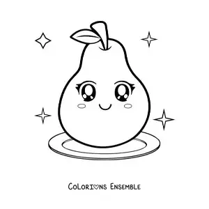 Image à colorier d’une grande poire kawaii dans une assiette