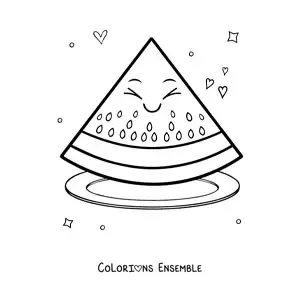 Image à colorier d’une grande tranche de pastèque kawaii dans une assiette