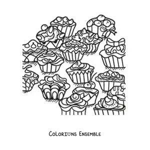 Image à colorier de cupcakes glacés avec des nœuds et des figures géométriques