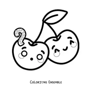 Image à colorier de cerises kawaii avec un ver