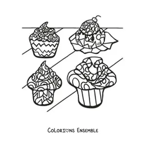 Image à colorier de cupcakes avec des figures géométriques dans le glaçage