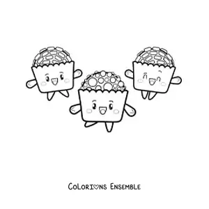 Image à colorier de trois cupcakes kawaii animés