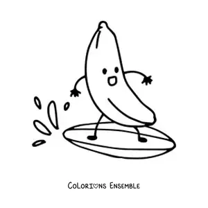 Image à colorier d'une banane animée qui surfe