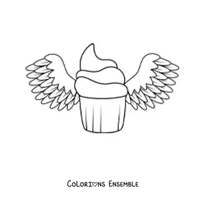 Image à colorier d'un cupcake glacé avec des ailes