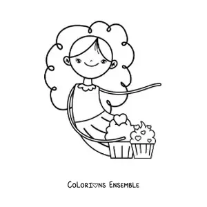 Image à colorier d'une fille avec deux cupcakes glacés ornés de cœurs