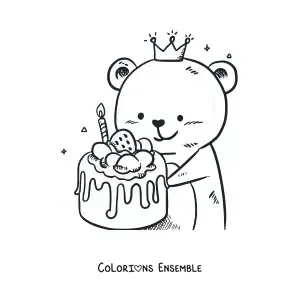 Image à colorier d'un ours avec un gâteau aux fraises
