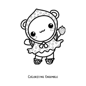 Image à colorier d'une petite ourse kawaii déguisée en fraise