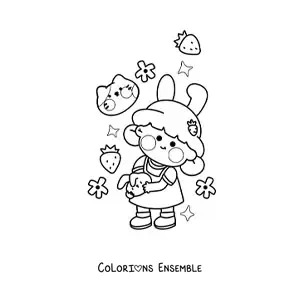 Image à colorier d'une fillette avec des fraises kawaii
