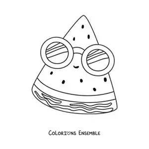 Image à colorier d'une pastèque kawaii avec des lunettes