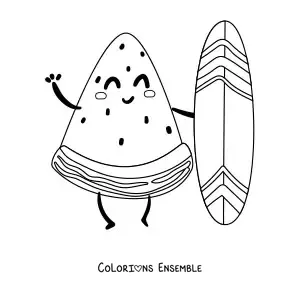 Image à colorier d'une pastèque animée surfeuse