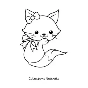 Image à colorier d'un grand renard kawaii avec un nœud