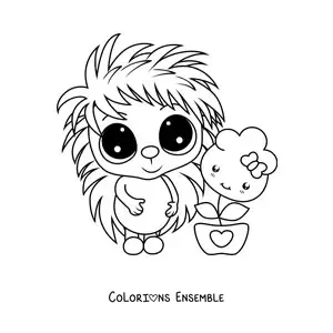 Image à colorier d'un grand porc-épic kawaii avec une fleur