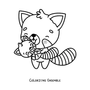 Image à colorier d'un panda roux kawaii avec son bébé