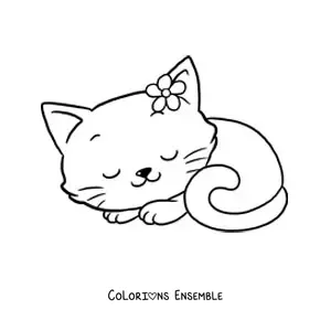 Image à colorier d'une grande chatonne kawaii avec une fleur