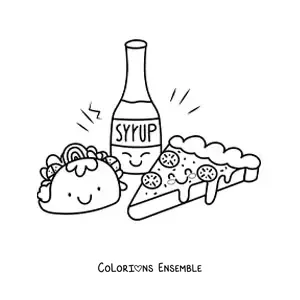 Image à colorier d'un taco kawaii avec une bouteille et une part de pizza