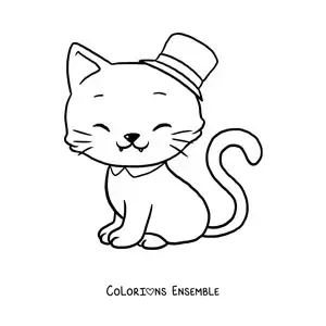 Image à colorier d'un grand chat kawaii avec un chapeau