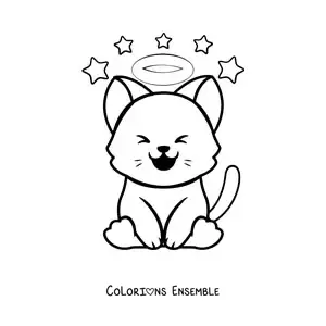 Image à colorier d'un chat kawaii avec une auréole