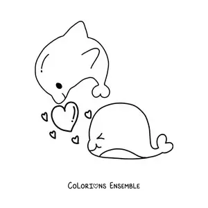 Image à colorier de dauphins kawaii amoureux avec des cœurs