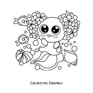 Image à colorier d'un grand axolotl kawaii avec des fleurs