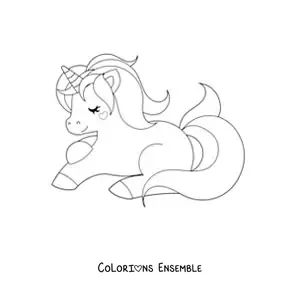 Image à colorier d'une licorne kawaii allongée
