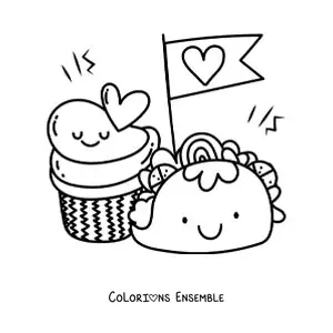 Image à colorier d'un taco et d'un cupcake kawaii avec une petite banderole en forme de cœur