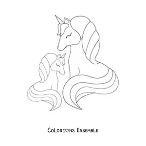 Image à colorier d'une famille de licornes