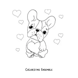 Image à colorier d'un bouledogue français avec des cœurs