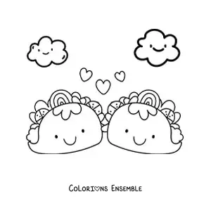Image à colorier de deux tacos kawaii avec des cœurs et des nuages