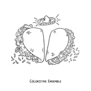 Image à colorier de deux tacos en forme de cœur avec un sombrero mexicain