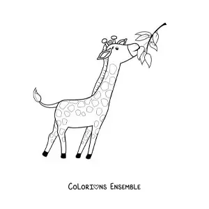 Coloriage d'une girafe qui mange des feuilles