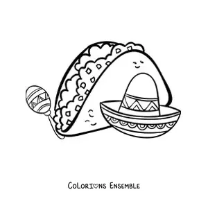 Image à colorier d'un taco avec un sombrero mexicain et une maraca