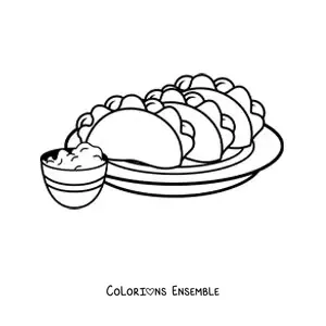 Image à colorier d'une assiette de tacos avec du guacamole