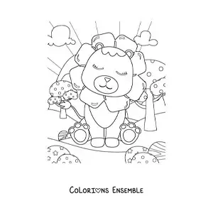 Coloriage d'un joli lion assis dans un paysage naturel
