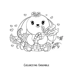 Coloriage d'un lapin kawaii avec une carotte et des fleurs