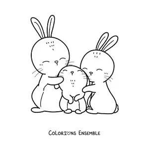 Coloriage d'une famille de lapins qui se câlinent