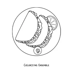 Image à colorier d'une assiette de tacos avec une tomate et un quartier de citron