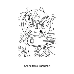 Coloriage d'un lapin façon dessin animé sur une fusée dans l'espace