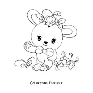 Coloriage d'un lapin kawaii façon dessin animé avec des fleurs