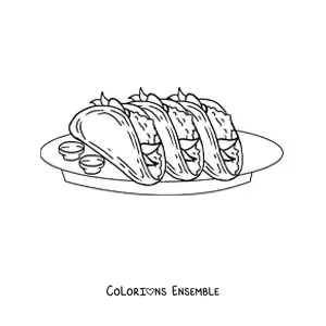 Image à colorier d'une assiette de tacos avec des sauces