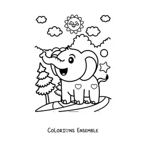 Coloriage d'un bébé éléphant kawaii dans la jungle