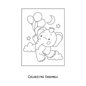 Coloriage d'un bébé éléphant kawaii avec des ballons