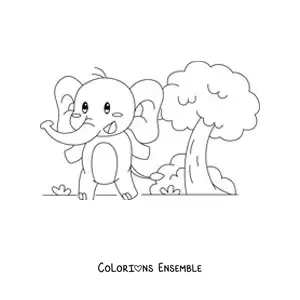Coloriage d'un éléphant kawaii façon dessin animé dans son habitat