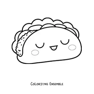Image à colorier d'un taco kawaii avec les yeux fermés