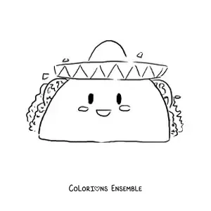 Image à colorier d'un taco kawaii avec un sombrero mexicain