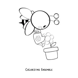 Coloriage d'une abeille kawaii qui arrose une fleur