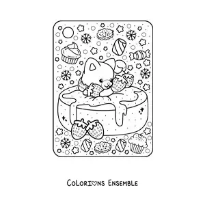 Image à colorier d'un gâteau aux fraises avec un chien kawaii