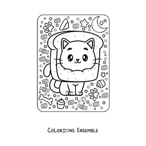 Image à colorier d'un chat avec du pain kawaii