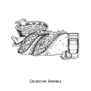 Image à colorier de deux tacos avec un verre de tequila et des nachos en arrière-plan