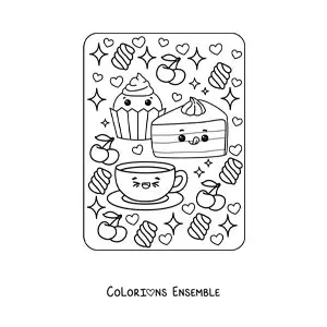 Image à colorier d'un cupcake et d'un gâteau sucré avec un café kawaii