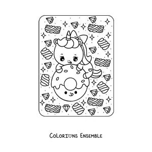 Image à colorier d'une licorne avec un donut kawaii